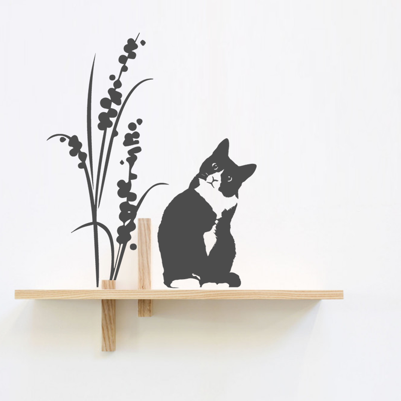 Stickers muraux et vitrines chat noir et blanc et végétal