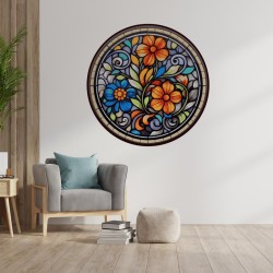 Autocollant rond floral motif vitrail